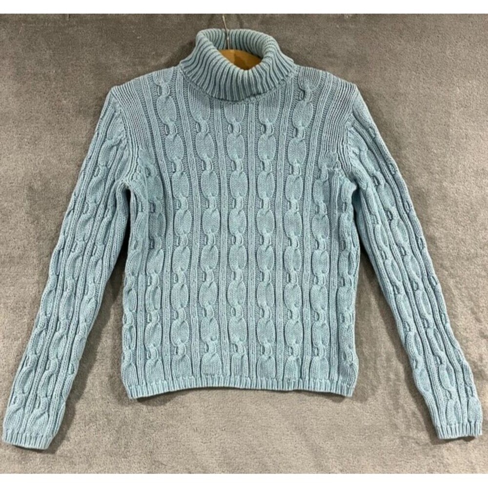 Vintage 90s Chunky Cable Knit  Light Blue Cotton Ramie Turtleneck Sweater Sz S